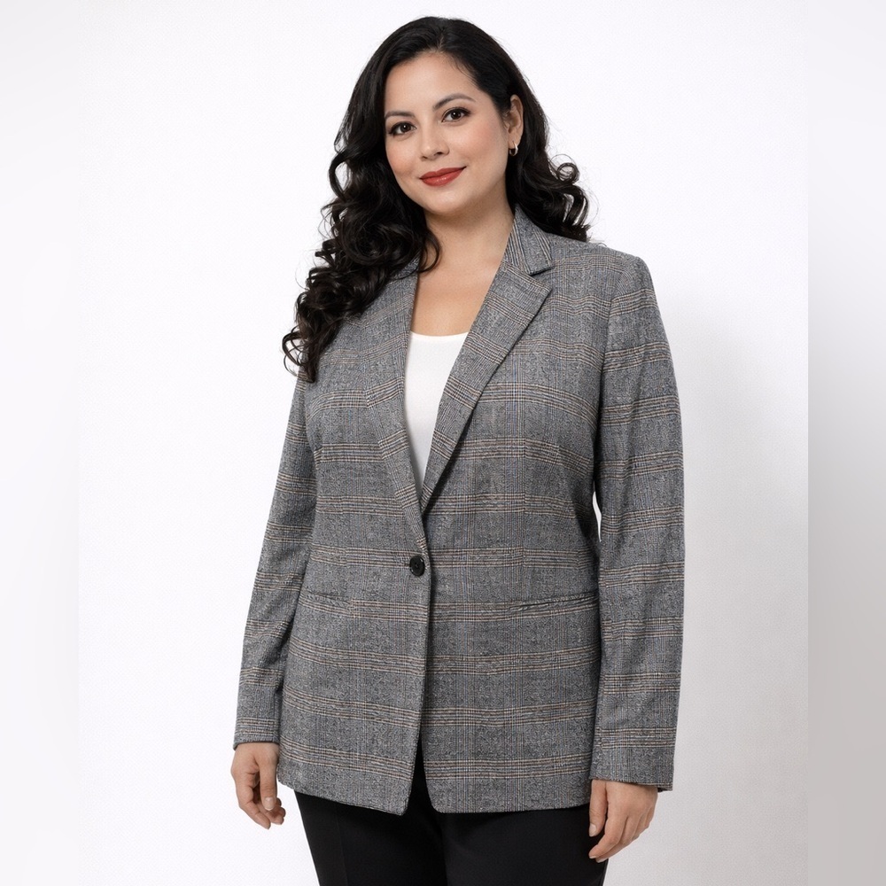Ann Taylor Factory Plaid Blazer Size 12 | Gray Career Jacket One-Button Classic